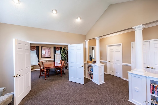 2404 Wanstead Ct, Henrico, VA 23238 - office with dark colored carpet, high vaulted ceiling, baseboards, and ornate columns