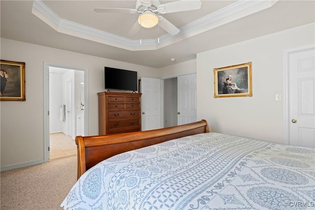 10123 Cool Hive Pl, Mechanicsville, VA 23116 - carpeted bedroom with crown molding, a tray ceiling, a ceiling fan, baseboards, and connected bathroom