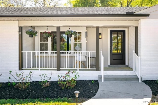 doorway to property featuring brick siding, a porch, and a shingled roof