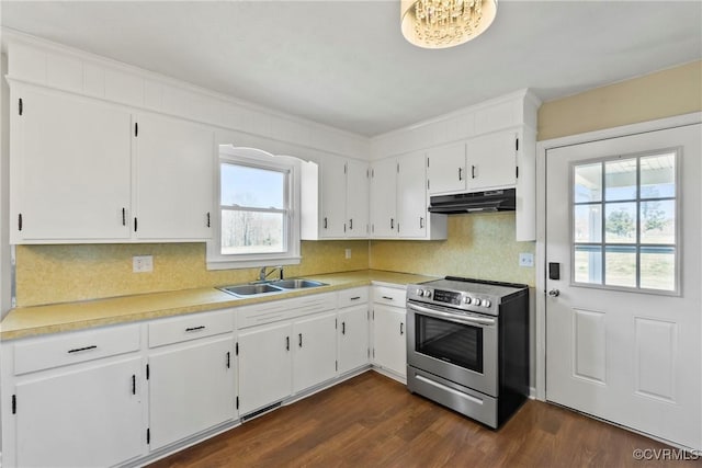 2407 Crawley Rd, Cullen, VA 23924 - kitchen featuring under cabinet range hood, a sink, backsplash, and electric range
