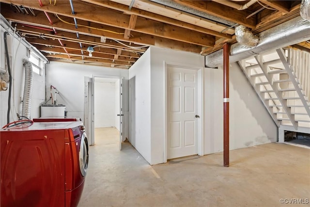 2407 Crawley Rd, Cullen, VA 23924 - unfinished basement with washing machine and clothes dryer, water heater, and stairs