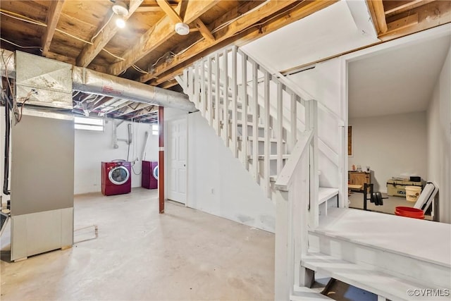 2407 Crawley Rd, Cullen, VA 23924 - basement featuring heating unit, washing machine and clothes dryer, and stairway