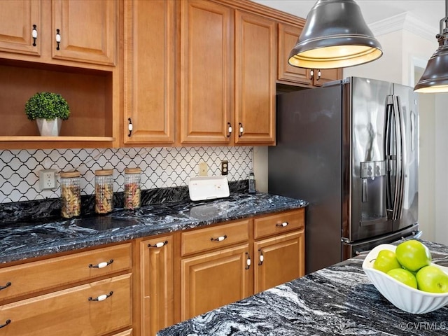 10107 Heritage Ln, Glen Allen, VA 23060 - kitchen with refrigerator with ice dispenser, tasteful backsplash, dark stone counters, crown molding, and open shelves