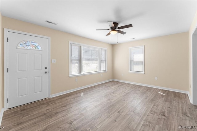 1713 Boydton Plank Rd, Petersburg, VA 23805 - entryway featuring light wood finished floors, baseboards, visible vents, and a ceiling fan