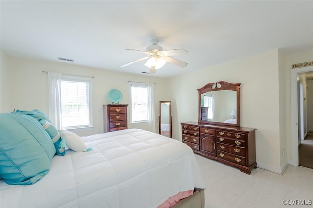 bedroom featuring ceiling fan, baseboards, visible vents, and light wood finished floors