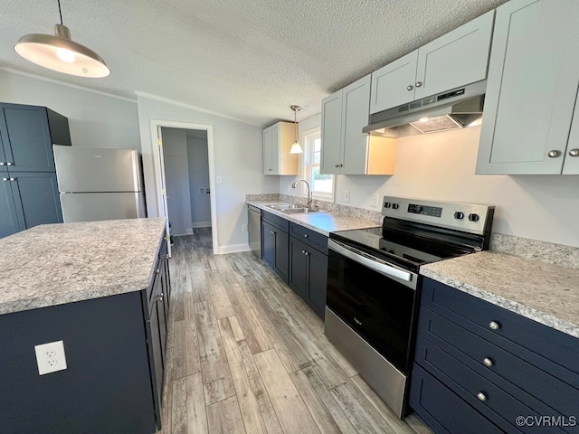 409 Remo Rd, Heathsville, VA 22473 - kitchen with light countertops, light wood-type flooring, stainless steel appliances, under cabinet range hood, and a sink
