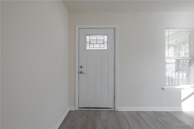 foyer with baseboards and wood finished floors