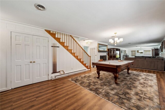 8203 Overbury Rd, Richmond, VA 23227 - game room with visible vents, a chandelier, baseboard heating, wood finished floors, and pool table