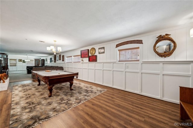 8203 Overbury Rd, Richmond, VA 23227 - playroom featuring a chandelier, wood finished floors, a decorative wall, and pool table
