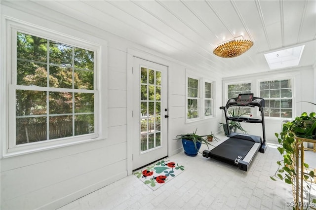 8203 Overbury Rd, Richmond, VA 23227 - exercise room with a skylight, brick floor, and a healthy amount of sunlight