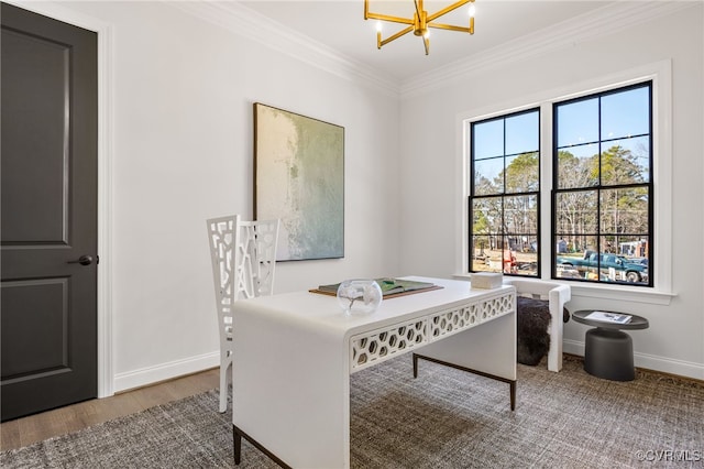 office space with crown molding, wood finished floors, a chandelier, and baseboards