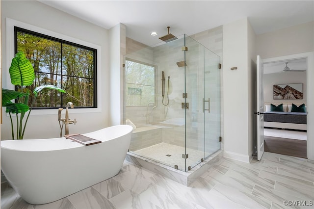 full bath with baseboards, recessed lighting, ensuite bathroom, a soaking tub, and a stall shower