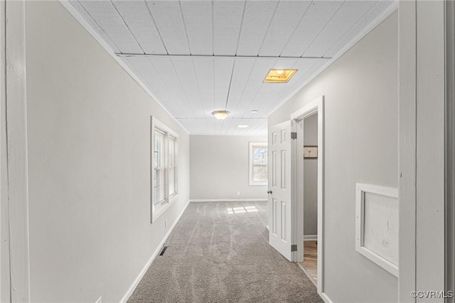 hall with baseboards, visible vents, crown molding, and carpet floors