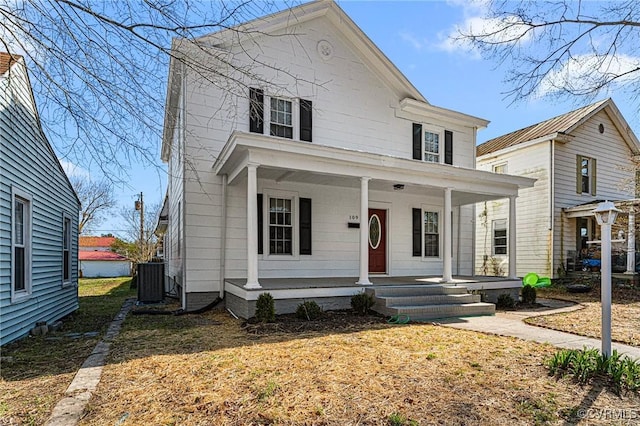 view of front of home featuring covered porch and central AC unit