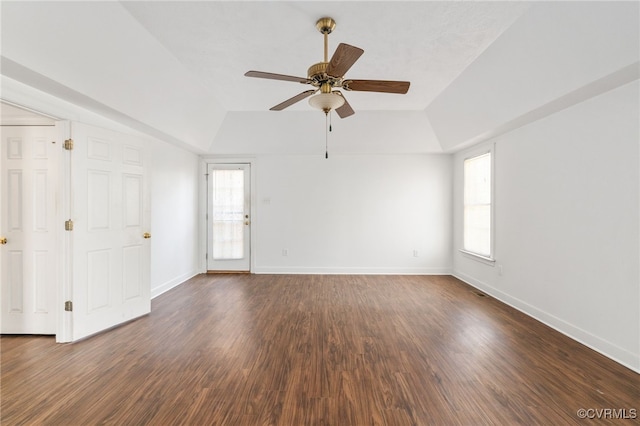 14007 Spring Rd, Montpelier, VA 23192 - unfurnished room with a ceiling fan, healthy amount of natural light, lofted ceiling, dark wood-type flooring, and baseboards