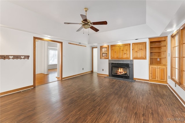 14007 Spring Rd, Montpelier, VA 23192 - unfurnished living room with dark wood finished floors, ceiling fan, a fireplace with flush hearth, baseboards, and recessed lighting