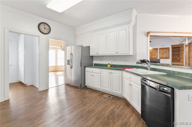 14007 Spring Rd, Montpelier, VA 23192 - kitchen with dishwasher, stainless steel fridge with ice dispenser, a sink, dark countertops, and dark wood-style floors