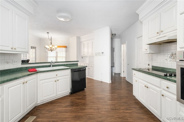 14007 Spring Rd, Montpelier, VA 23192 - kitchen featuring black appliances, a sink, a chandelier, under cabinet range hood, and white cabinets