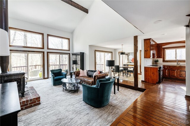 14304 Horseshoe Ford Rd, Ashland, VA 23005 - living area featuring beamed ceiling, a wood stove, a high ceiling, and hardwood / wood-style floors
