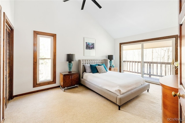 14304 Horseshoe Ford Rd, Ashland, VA 23005 - bedroom featuring light colored carpet, a closet, baseboards, high vaulted ceiling, and a ceiling fan