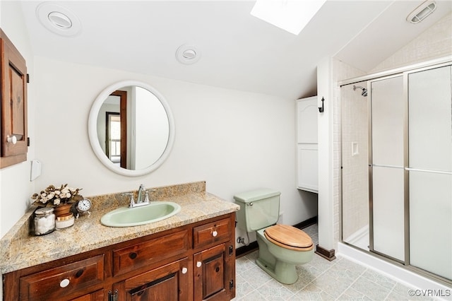 14304 Horseshoe Ford Rd, Ashland, VA 23005 - bathroom with a shower stall, toilet, lofted ceiling with skylight, and vanity