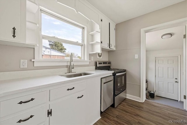 111 N Battery St, Highland Springs, VA 23075 - kitchen with stainless steel appliances, a sink, dark wood-type flooring, white cabinets, and open shelves