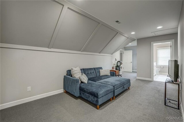 153 Thomas, Williamsburg, VA 23185 - living area with carpet flooring, recessed lighting, baseboards, lofted ceiling, and visible vents