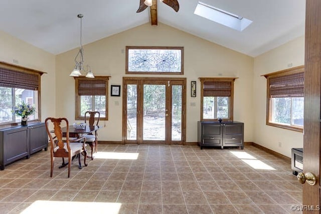 6920 Apamatica Ln, Chesterfield, VA 23838 - entryway featuring high vaulted ceiling, ceiling fan, beam ceiling, a skylight, and light tile patterned flooring