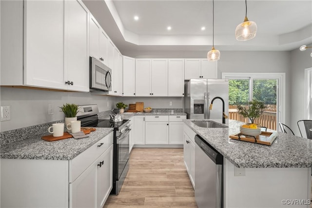 kitchen with a tray ceiling, an island with sink, a sink, appliances with stainless steel finishes, and light wood-type flooring