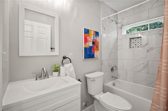 full bath featuring shower / bathtub combination with curtain, toilet, and vanity
