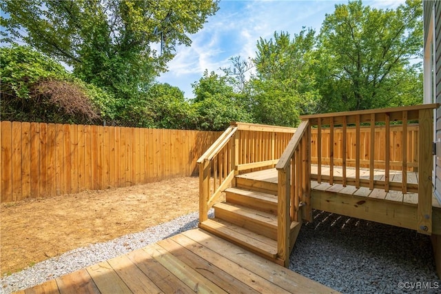 wooden terrace with a fenced backyard