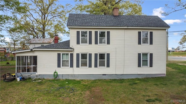 1016 Court St, Victoria, VA 23974 - view of side of home featuring a sunroom, a yard, crawl space, a chimney, and roof with shingles