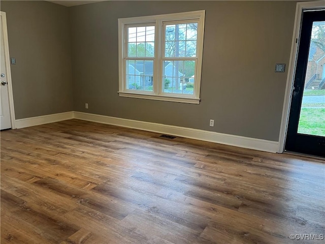 foyer entrance featuring baseboards, wood finished floors, and a healthy amount of sunlight