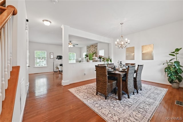 11418 Parrish Creek Ln, Chesterfield, VA 23832 - dining space featuring wood finished floors, ceiling fan, a chandelier, and baseboards