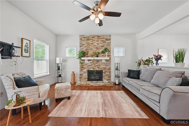 11418 Parrish Creek Ln, Chesterfield, VA 23832 - living area with wood-type flooring, a ceiling fan, and a fireplace