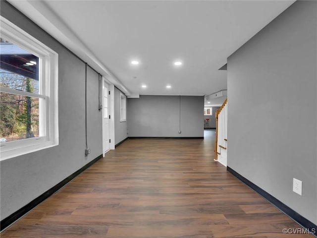 3519 Murchies Hill Rd, Chesterfield, VA 23234 - corridor with baseboards, recessed lighting, stairway, and dark wood-style flooring