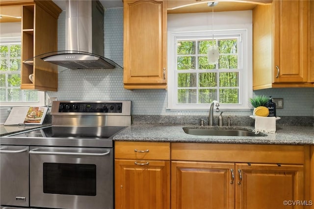 kitchen with wall chimney exhaust hood, a sink, double oven range, backsplash, and open shelves