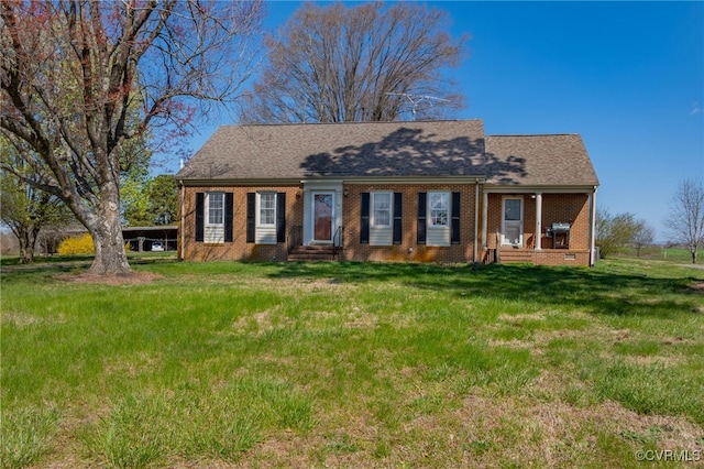 cape cod-style house with brick siding, crawl space, and a front yard