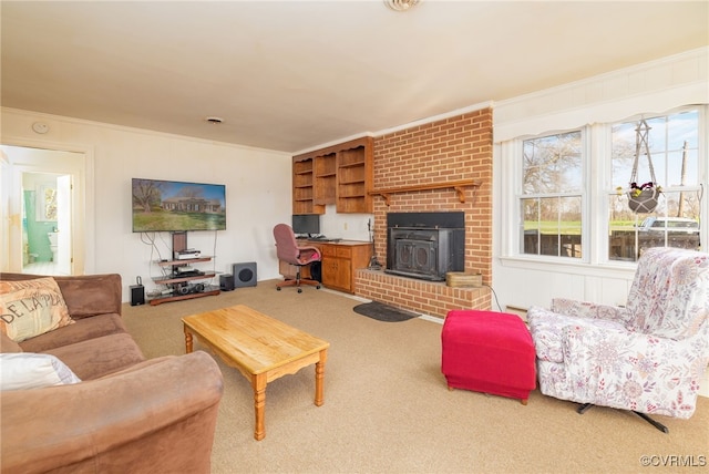 carpeted living area featuring ornamental molding