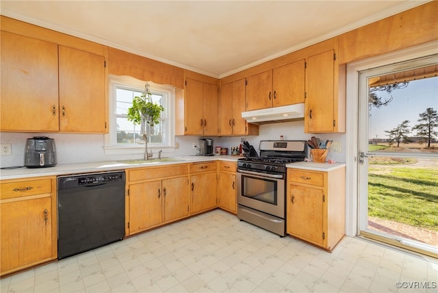 kitchen with black dishwasher, stainless steel range with gas cooktop, under cabinet range hood, and light floors