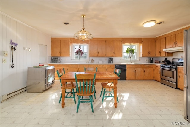 kitchen featuring under cabinet range hood, stainless steel gas stove, dishwasher, and light floors