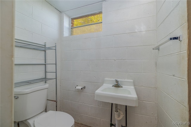 half bath with a sink, toilet, and concrete block wall