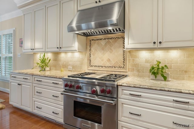 kitchen featuring under cabinet range hood, light stone countertops, premium stove, and crown molding