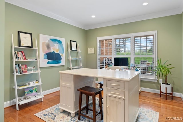 office area featuring recessed lighting, light wood-style floors, baseboards, and ornamental molding