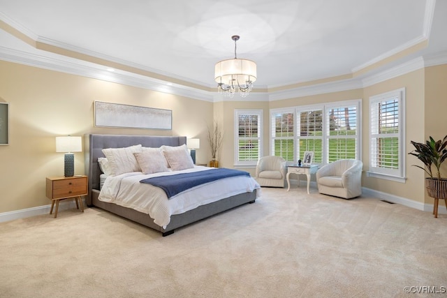 carpeted bedroom featuring an inviting chandelier, baseboards, and ornamental molding