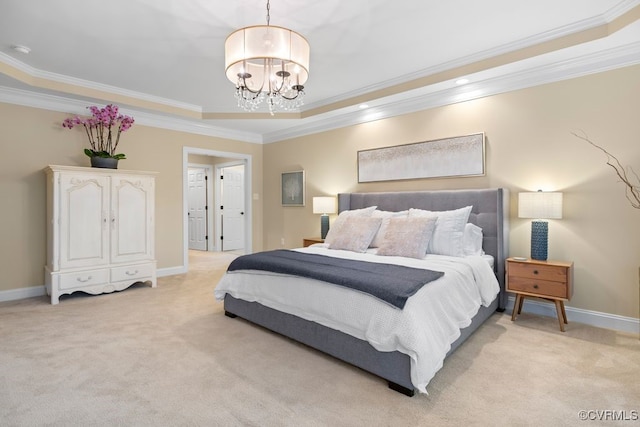 bedroom with a chandelier, light carpet, and crown molding