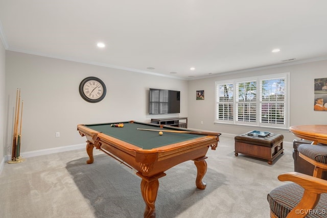 recreation room featuring baseboards, billiards, ornamental molding, recessed lighting, and light colored carpet