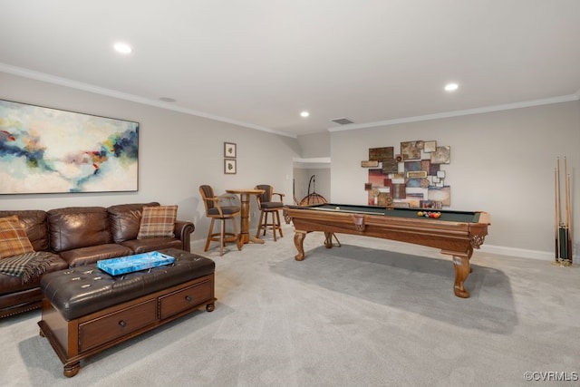 rec room featuring pool table, visible vents, light colored carpet, and ornamental molding