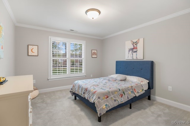 bedroom with crown molding, baseboards, light carpet, and visible vents