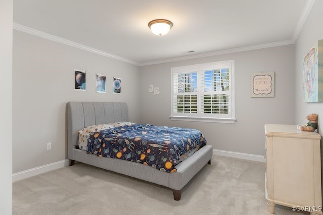 carpeted bedroom featuring crown molding, baseboards, and visible vents
